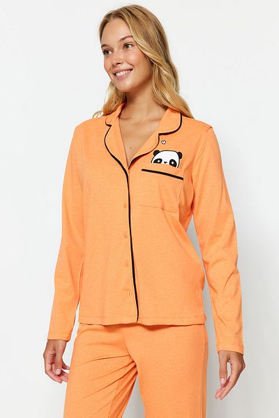 Trendyol Collection Narancssárga pamut panda nyomott ing-nadrág kötött pizsama szett THMAW21PT0245