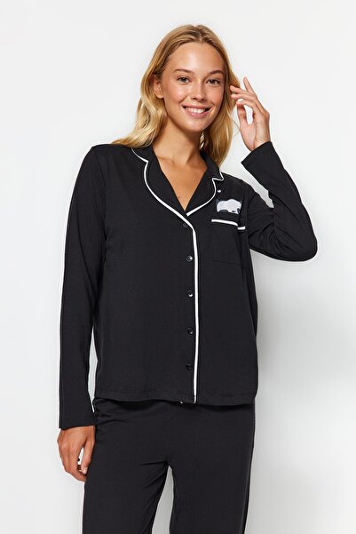 Trendyol Collection Black Cotton Panda Potištěná košile-kalhoty Pletené pyžamové soupravy THMAW21PT0245