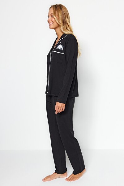 Trendyol Collection Black Cotton Panda Potištěná košile-kalhoty Pletené pyžamové soupravy THMAW21PT0245