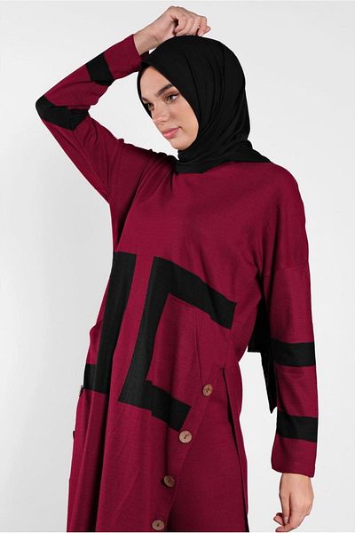 TRENDTESETTÜR طقم بنطلون نسائي باللون العنابي مزين بأزرار 8102