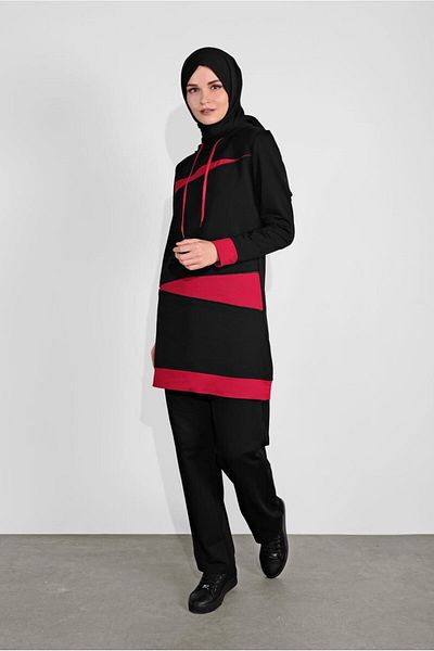 TRENDTESETTÜR Women's Black Hooded Two Color Double Tracksuit Set 2708