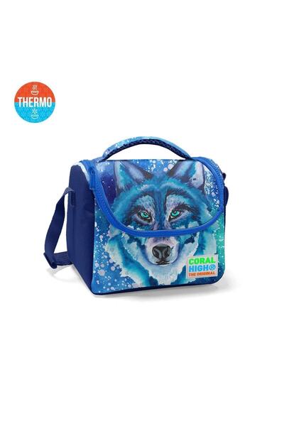 Emre Tuval صندوق غداء حراري منقوش على شكل ذئب باللون الأزرق الداكن للأطفال من...