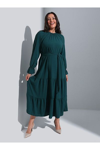 ALİA Embroidery Detailed Plus Size Hijab Dress - Emerald -