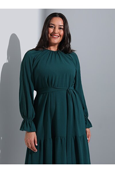 ALİA Embroidery Detailed Plus Size Hijab Dress - Emerald -