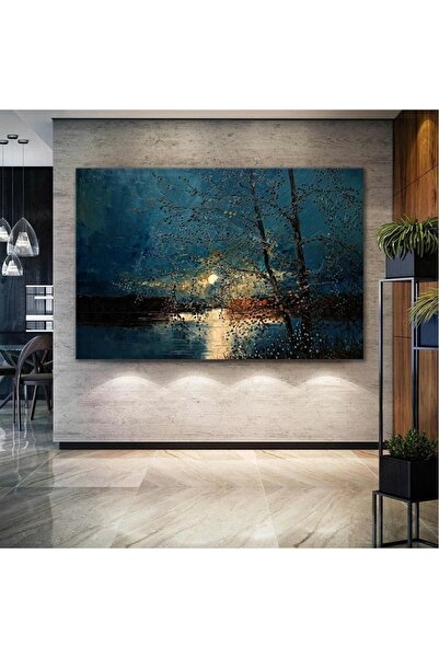 CANVASUM Ay Işığı Altındaki Göl Manzarası Yağlı Boya Efektli Yakamoz Yansıma ...