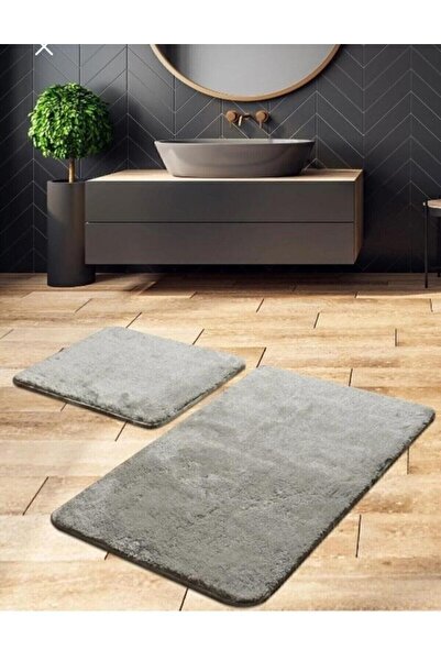 AKSU HALI Peluş Gri Banyo Paspas Takımı 2'li Büyük Boy (100x60) (50x60) Yıkan...