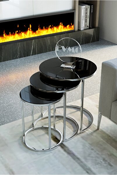 Deepport Cvs Aksesuar 3'lü Zigon Sehpa Takımı Gümüş Metal Ayak - Siyah Kırılm...