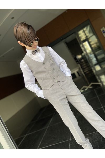 WENA KİDS Children's Vest Suit with Shirt Set Plaid Smoke