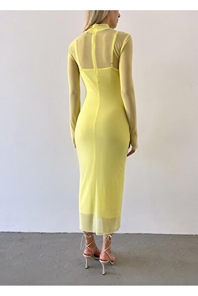 Ortaya Çık Yellow Half Turtleneck Long Tulle Midi Dress