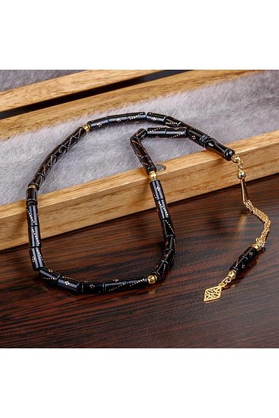 TESBİHCİBABA 14 Carat Gold Embroidered Black Brown Oltu Stone Rosary
