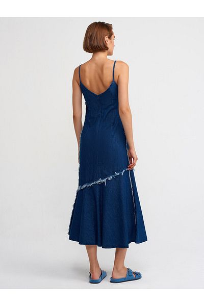Dilvin 90526 Rochie cu bretele din denim închis-Albastru marin