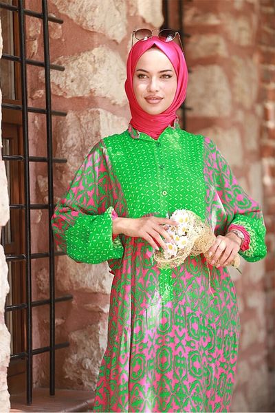 Bestenur Vendy Ethnic Pattern Hijab φόρεμα 563 - Πράσινο
