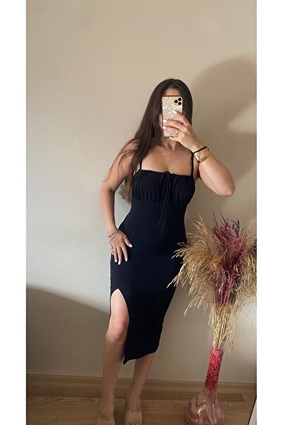 ARTUGBOUTİQUE Kadın Siyah Önden Bağlamalı Yırtmaçlı Elbise