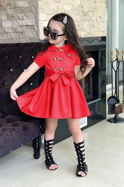 Riccotarz Girl's Red Dress with Buttons on the Front and a Belt at the Waist