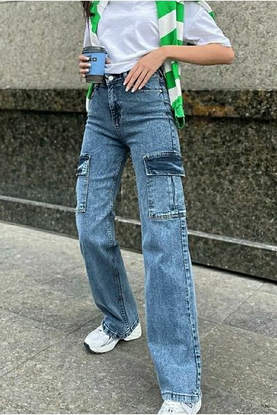 Trn JNS Pantaloni de jean cu talie super înaltă din lycra, albastru, cargo, largi la spate, fără buzunar