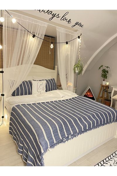 YASEMİNİNEVİ King Size Indigo Striped Muslin Bedspread / Pike Set with 2 Pillowcases