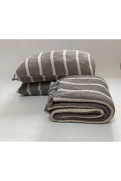 YASEMİNİNEVİ King Size Anthracite Striped Muslin Bedspread / Pike Set with 2 Pillowcases