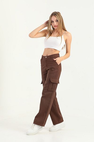 Trn JNS Καφέ Cargo Loose Back Pocketless Lycra Super ψηλόμεσο τζιν παντελόνι