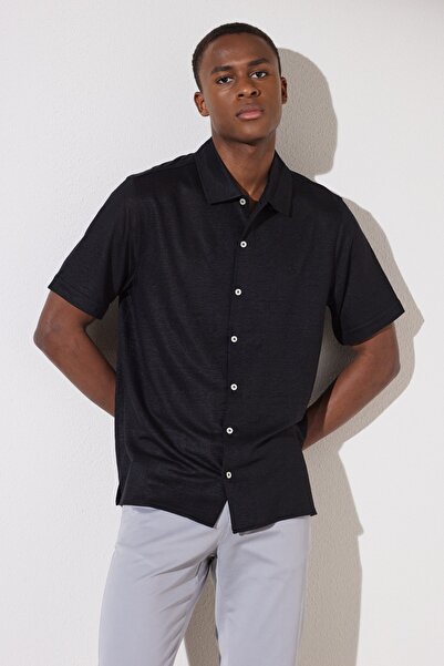 BROOKS BROTHERS Ανδρικό μαύρο λινό κοντομάνικο πουκάμισο