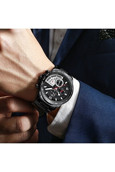 İSTLİV Erkek Siyah Kordon Siyah Kadran Takvimli Kol Saati