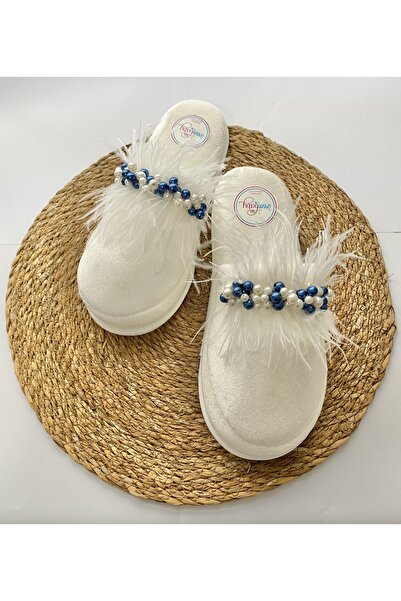 irembaby Anne Lohusa Terliği Mavi İncili Tüylü Lohusa Terliği Özel Tasarım