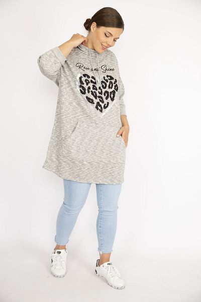 Şans Women's Large Size Gray Sequin Embroidered Kangaroo Pocket Hooded Sweatshirt 65n36726