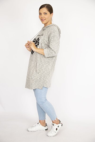 Şans Women's Large Size Gray Sequin Embroidered Kangaroo Pocket Hooded Sweatshirt 65n36726