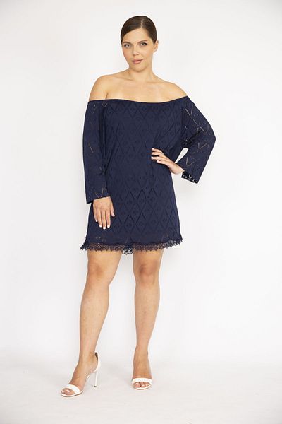 Şans Women's Large Size Navy Blue Perforated Fabric Collar Elastic Lined Tunic 65n36735