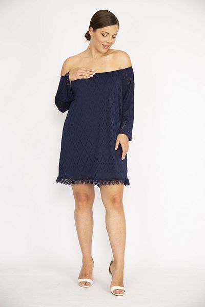 Şans Women's Large Size Navy Blue Perforated Fabric Collar Elastic Lined Tunic 65n36735