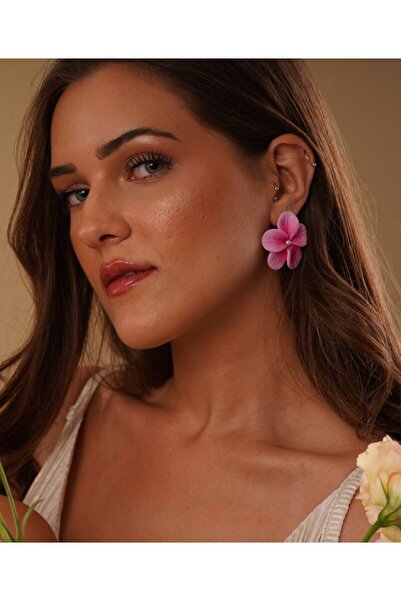 Gizy Store Hawaii tekli pembe çiçek küpe el yapımı polimer kil çiçek küpe