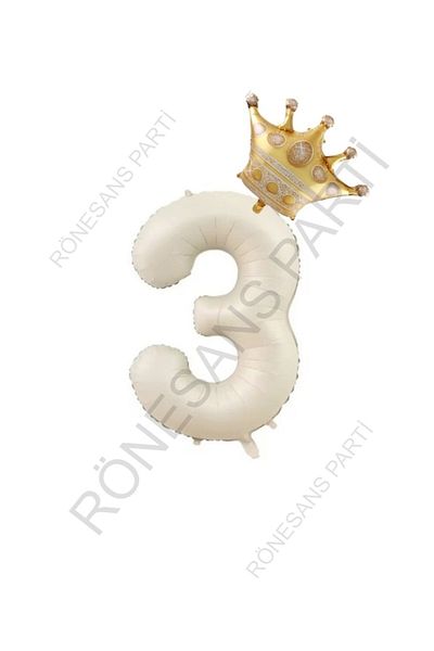 RÖNESANS PARTİ Beige Number and King Crown Foil Balloon Set Age 3