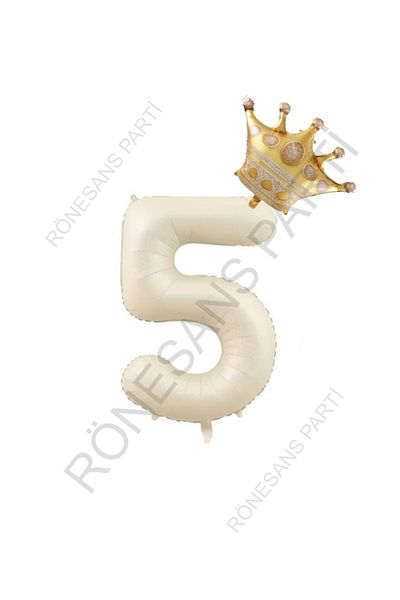 RÖNESANS PARTİ Beige Number and King Crown Foil Balloon Set Age 5