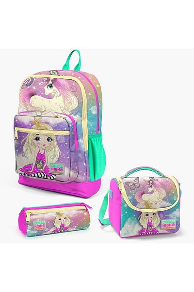 Yaygan Coral High Pink Water Green Unicorn Girl Patterned 3-Piece Bag Set - 23733