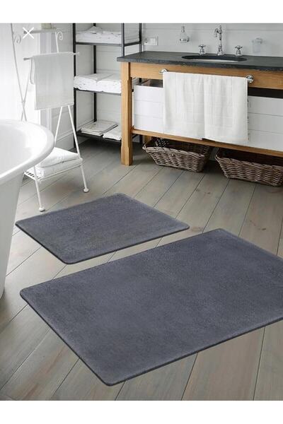 AKSU Halı Peluş Antrasit Banyo Paspas Takımı 2'li Küçük Boy (80x50) (40x50) Y...