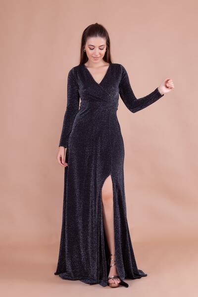 Bidoluelbise Simli Esnek Kumaş Kruvaze Yaka Yırtmaçlı Uzun Kol Maxi Boy Mezuniyet & Abiye Elbise