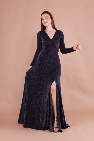 Bidoluelbise Simli Esnek Kumaş Kruvaze Yaka Yırtmaçlı Uzun Kol Maxi Boy Mezuniyet & Abiye Elbise