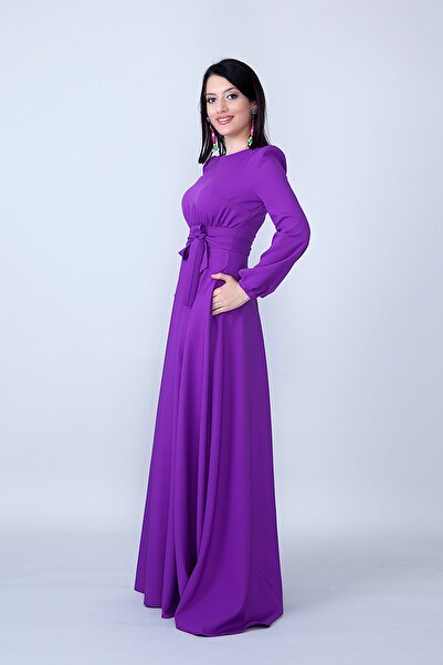 Bidoluelbise Yuvarlak Yaka Uzun Kol Dokuma Kumaş Beli Büzgülü Kuşaklı Cepli Maksi Boy Davet & Abiye Elbise