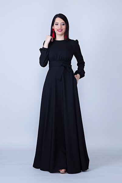 Bidoluelbise Yuvarlak Yaka Uzun Kol Dokuma Kumaş Beli Büzgülü Kuşaklı Cepli M...