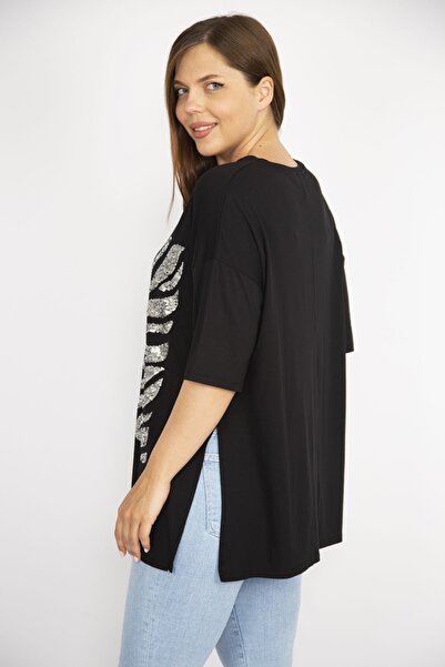 Şans Women's Plus Size Black Sequin Embroidered Bicycle Collar Side Slit Blouse 65n36701