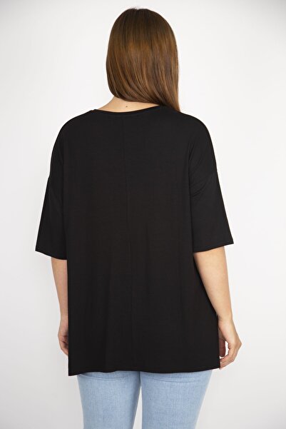 Şans Women's Plus Size Black Sequin Embroidered Bicycle Collar Side Slit Blouse 65n36701