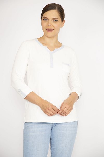Şans Women's Large Size White Glitter Detailed Kiss Collar Capri Sleeve Blouse 65n36738
