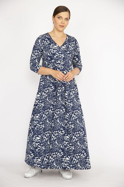 Şans Women's Large Size Navy Blue Wraped Collar Capri Sleeve Long Dress 65n36746