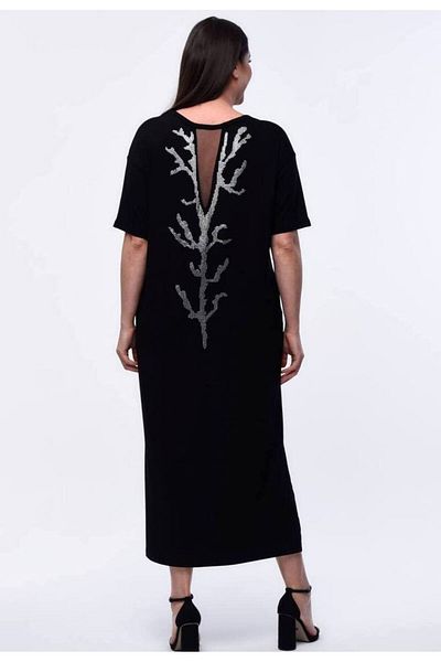 For Big Trend Women Back Tulle Low-Cut Silver Beadwork Sides Slit V-Neck Stretchy Viscose Long Dress