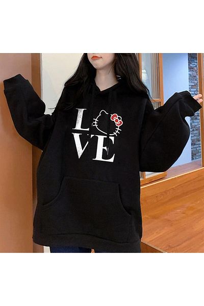 Touz Moda dompuleri fashion Φούτερ με κουκούλα Love Cat με στάμπα μαύρο Unisex