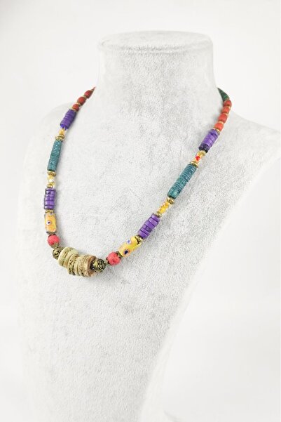Ayya Aksesuar Boho Etnik Babylon Kolye Buffalo Bone Murano Cam Pirinc Brass N...