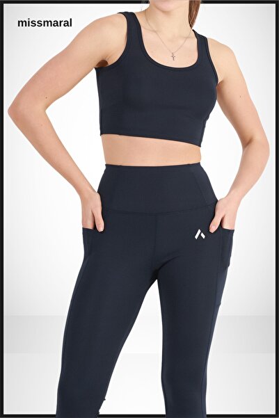 missmaral Women's Navy Blue High Waist Double Pocket Sports Leggings Shades 1057
