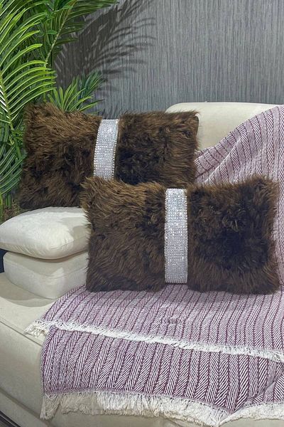 Paris Life Plush Striped Throw Pillow Cover Rectangular - Brown