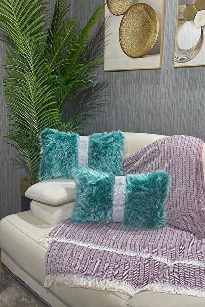 Paris Life غطاء وسادة قطيفة مخطط مستطيل - أخضر