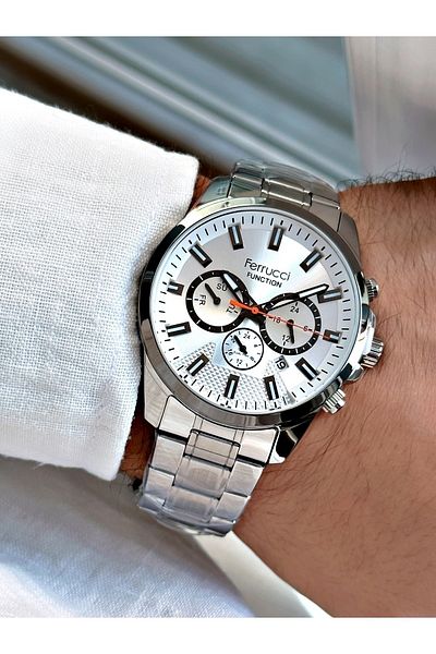 Ferrucci Silver Color Functions Active Steel Strap Sports Men's Wristwatch + BRACELET WITH GIFT
