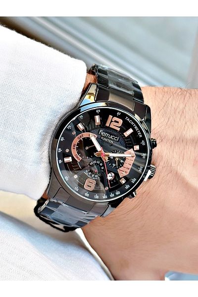 Ferrucci Black Color Sport Model Steel Strap Functional Original Men's Wristwatch + BRACELET WITH GIFT